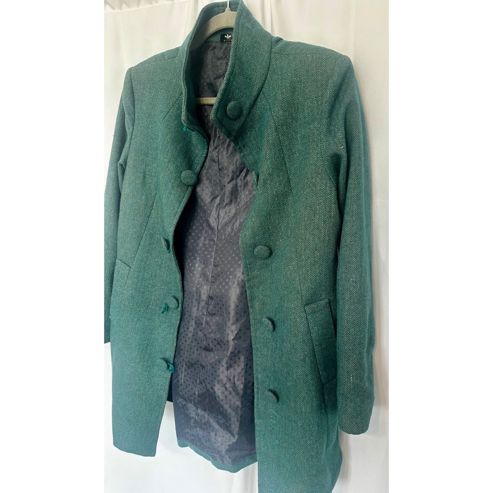 Danfe Green Herringbone Mid-Length Coat Stand Collar Button Front Women